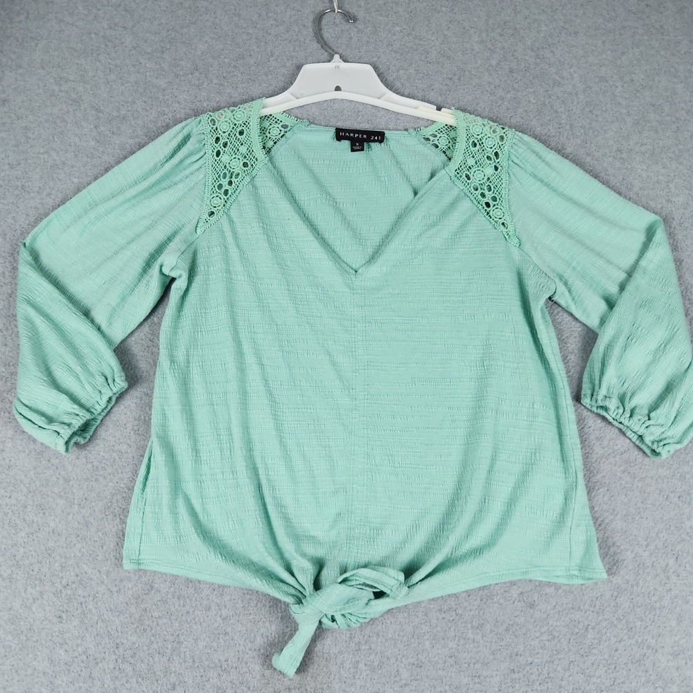 Harper 241 Top Womens Small Mint Green Crochet Lace Long Sleeve Knot Hem V-Neck